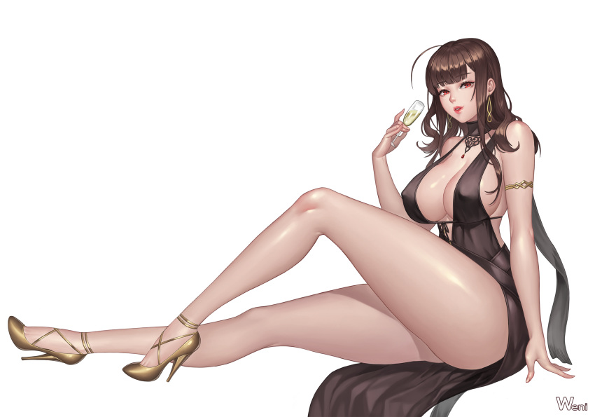 ahoge alcohol armlet artist_name bad_id bad_pixiv_id bangs bare_shoulders black_dress black_ribbon blunt_bangs breasts brown_hair center_opening champagne champagne_flute covered_nipples cup dress drinking_glass dsr-50_(girls_frontline) earrings eyebrows_visible_through_hair gem girls_frontline gold_footwear high_heels highres invisible_chair jewelry karmiel large_breasts legs lips long_hair long_legs looking_at_viewer no_bra parted_lips red_eyes red_lips ribbon shoes sideboob sitting solo strap_gap thick_thighs thighs underbust very_long_hair yellow_footwear