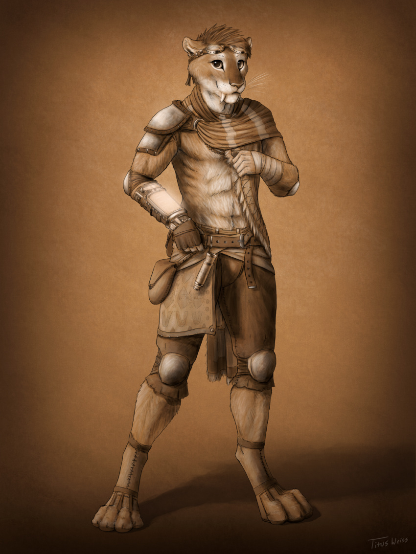 anthro armor clothed clothing digitigrade eyewear fangs feline goggles hair hindpaw looking_at_viewer male mammal midriff monochrome paws saber-toothed_cat sabertooth_(feature) sepia short_hair smile solo titusw topless whiskers