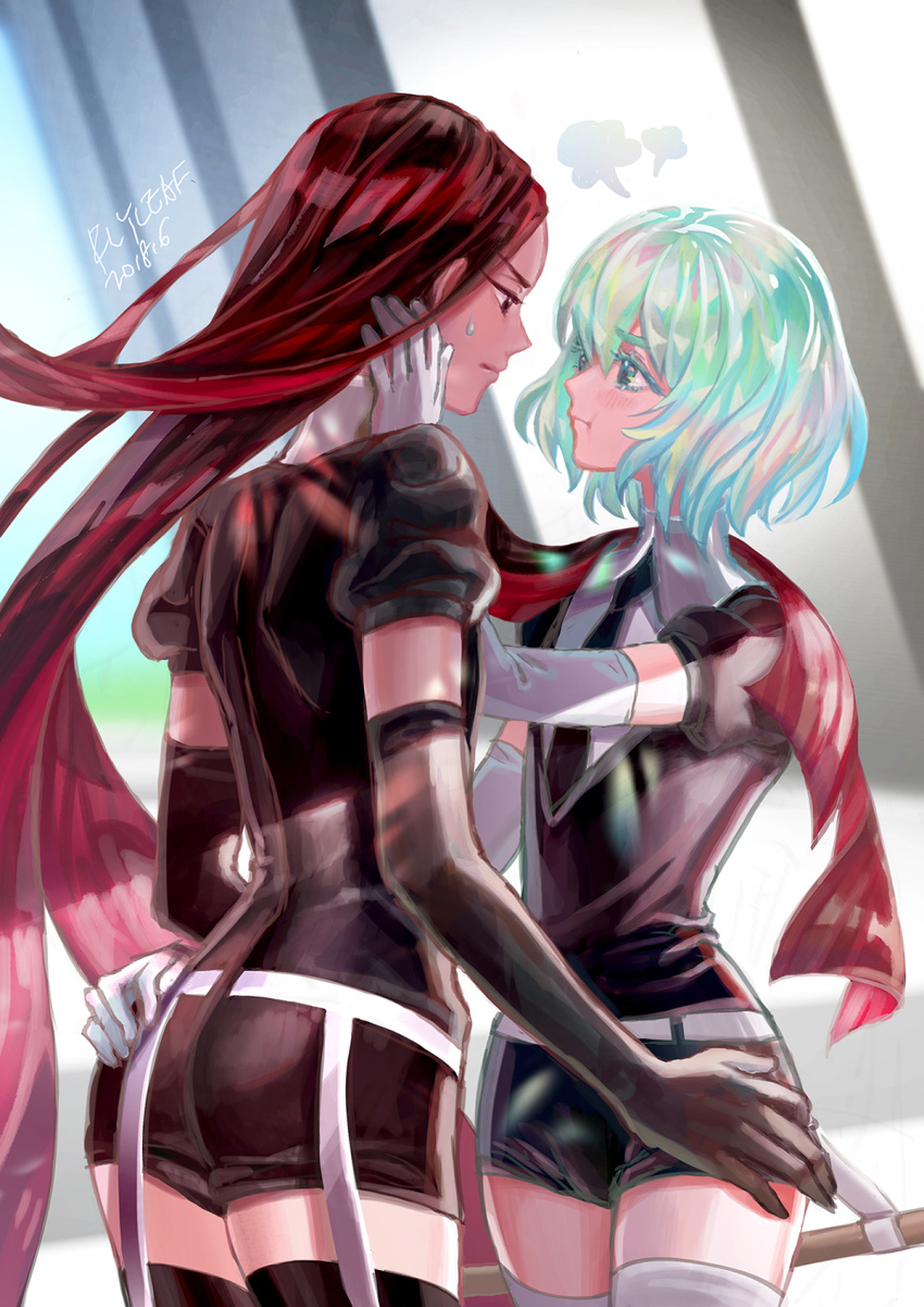 androgynous black_eyes black_hair blush bort colored_eyelashes diamond_(houseki_no_kuni) elbow_gloves face-to-face flyleaf gem_uniform_(houseki_no_kuni) gloves hand_on_another's_face hand_on_another's_hip highres houseki_no_kuni long_hair looking_at_another multicolored multicolored_eyes multicolored_hair multiple_others necktie pout rainbow_eyes rainbow_hair red_hair short_hair signature sweatdrop sword thick_eyebrows thighhighs very_long_hair weapon