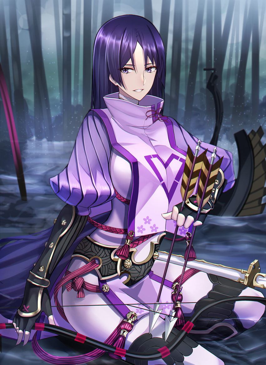 arm_guards armor arrow bamboo bamboo_forest bangs belt between_fingers black_gloves bodysuit bow_(weapon) breasts fate/grand_order fate_(series) fingerless_gloves floral_print forest gloves hair_between_eyes high_collar highres holding holding_arrow holding_bow_(weapon) holding_weapon japanese_armor kote large_breasts long_hair looking_at_viewer minamoto_no_raikou_(fate/grand_order) nature outdoors parted_bangs purple_bodysuit purple_eyes purple_hair ribbed_sleeves rope shiguru shiny shiny_hair sidelocks smile solo squatting straight_hair tabard tassel turtleneck weapon