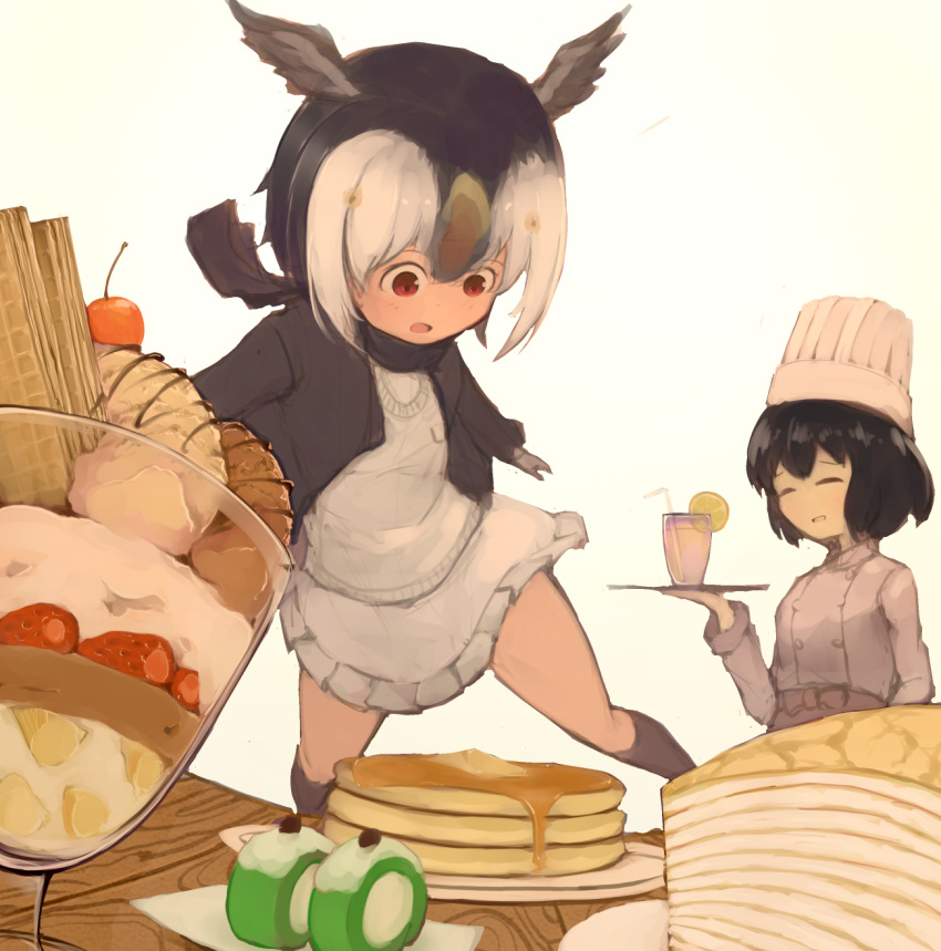 :d apron atlantic_puffin_(kemono_friends) bangs bendy_straw bird_wings black_hair black_jacket black_legwear black_scarf blazer blush bob_cut butter chef chef_hat chef_uniform cherry closed_eyes commentary_request cup double-breasted drinking_glass drinking_straw food food_request frilled_skirt frills fruit furrowed_eyebrows hair_between_eyes hat head_wings highres holding holding_tray jacket kaban_(kemono_friends) kemono_friends kneehighs long_sleeves miniskirt multicolored_hair multiple_girls open_mouth pancake parfait parted_bangs raised_eyebrows red_eyes scarf short_hair simple_background skirt smile stack_of_pancakes strawberry suginakara_(user_ehfp8355 sweater_vest syrup tray waist_apron wavy_hair white_background white_hair white_skirt wings wooden_table