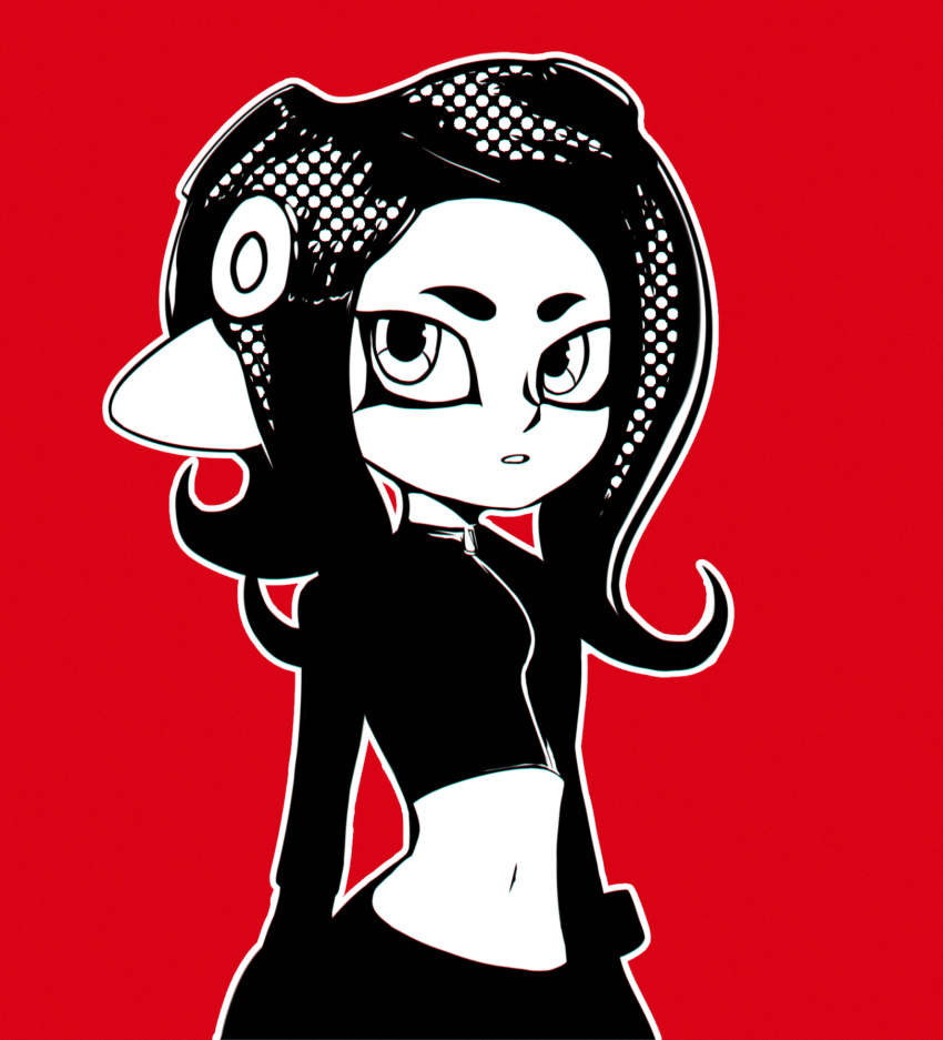 greyscale highres looking_at_viewer midriff monochrome murasaki_saki navel octarian octoling outline parody parted_lips persona persona_5 red_background simple_background skirt solo splatoon_(series) splatoon_2 standing tentacle_hair white_outline