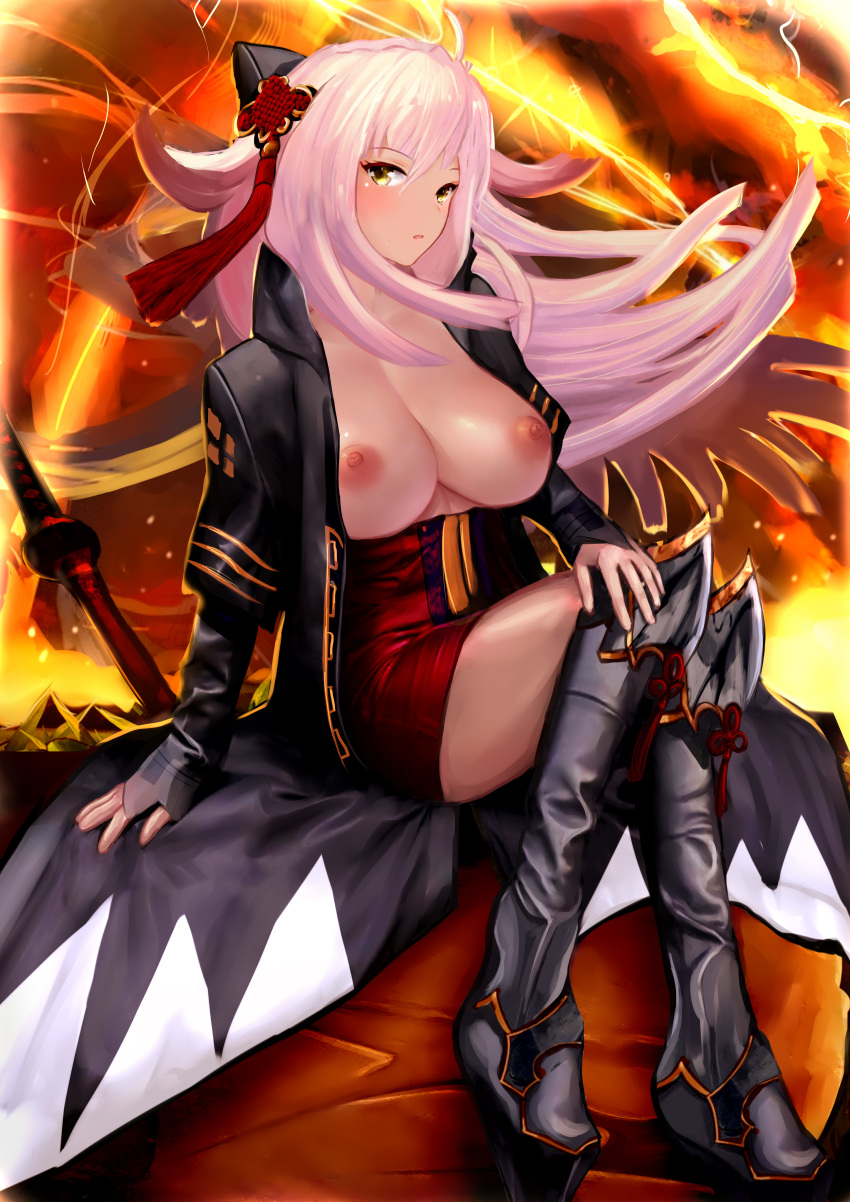 absurdres ahoge arm_guards aruuin black_bow black_coat boots bow breasts commentary_request crossed_legs dark_skin fate/grand_order fate_(series) fire hair_between_eyes hair_bow hair_ornament highres katana large_breasts long_hair looking_at_viewer nipples okita_souji_(alter)_(fate) okita_souji_(fate)_(all) parted_lips sketch solo sword thigh_boots thighhighs very_long_hair weapon yellow_eyes