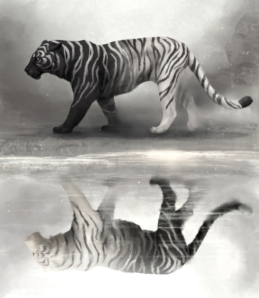 2018 black_fur black_nose claws digital_media_(artwork) feline feral fur jademere mammal paws reflection solo striped_fur stripes tiger white_fur white_nose