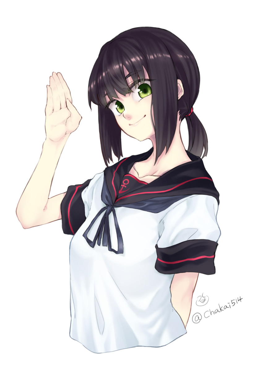 anchor_symbol black_hair black_sailor_collar commentary_request fubuki_(kantai_collection) green_eyes hand_up highres kantai_collection looking_at_viewer low_ponytail ponytail remodel_(kantai_collection) sailor_collar school_uniform serafuku short_ponytail sidelocks simple_background smile solo tsukuha_(chakai514) upper_body white_background