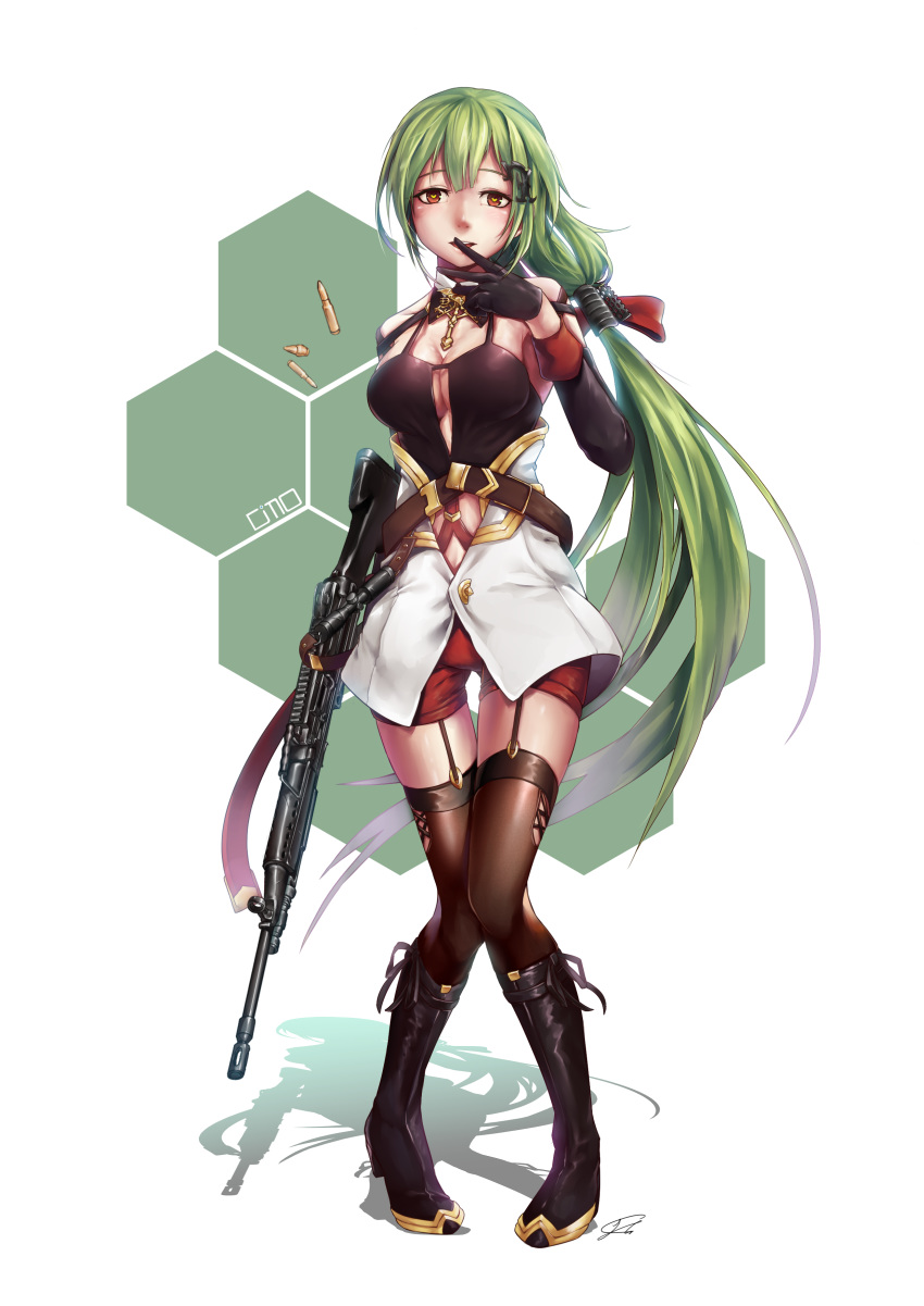 absurdres armpits artist_name bangs belt black_footwear blush boots breasts brown_legwear bullet cleavage cleavage_cutout collar commentary_request detached_sleeves dms full_body garter_straps girls_frontline gloves green_hair gun hair_ornament hair_ribbon hairclip hand_up heart heart-shaped_pupils hexagon highres holding holding_gun holding_weapon knee_boots knees_together_feet_apart long_hair looking_at_viewer low-tied_long_hair machine_gun mk48 mk48_(girls_frontline) no_bra open_mouth ponytail red_eyes red_ribbon red_shorts ribbon shadow shirt short_shorts shorts sidelocks signature skindentation smile solo strap symbol-shaped_pupils thighhighs v very_long_hair weapon