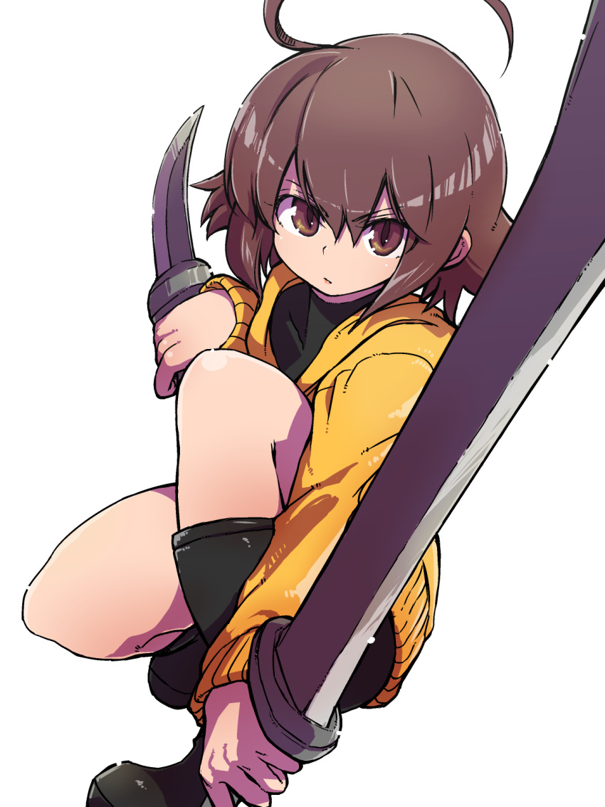:/ ahoge bangs black_footwear boots brown_eyes brown_hair closed_mouth dual_wielding eyebrows_visible_through_hair eyes_visible_through_hair hair_between_eyes highres holding holding_knife holding_sword holding_weapon huge_ahoge jacket knife linne looking_at_viewer moyamu one_knee short_hair simple_background solo sword turtleneck under_night_in-birth v-shaped_eyebrows weapon white_background yellow_hoodie