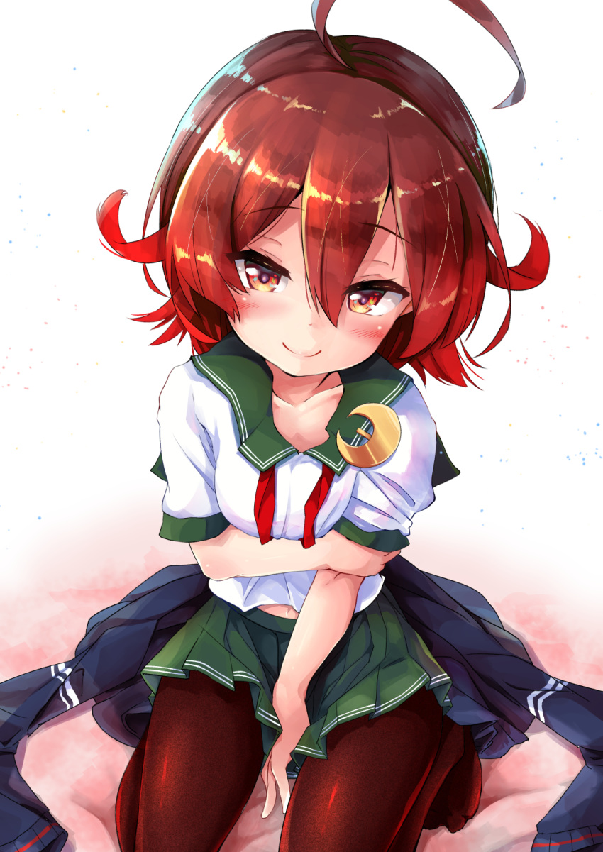 ahoge between_legs blush breasts brown_eyes brown_legwear collarbone crescent crescent_hair_ornament crescent_moon_pin gradient_hair green_skirt hair_ornament highres jacket jacket_removed kantai_collection long_sleeves looking_at_viewer multicolored_hair mutsuki_(kantai_collection) navel neckerchief nyafu_(moai_lion) pantyhose pleated_skirt red_hair remodel_(kantai_collection) school_uniform seductive_smile serafuku short_hair short_sleeves sitting skirt small_breasts smile solo wariza