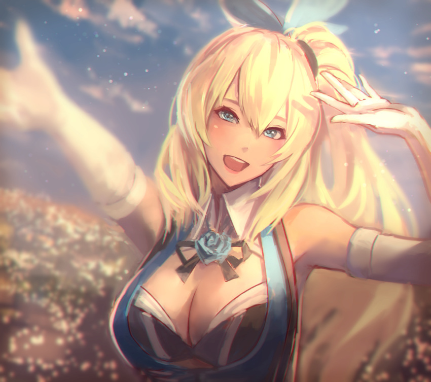 :d arm_up bare_shoulders black_ribbon blonde_hair blue_eyes blue_flower blue_rose blue_sky breasts cleavage cloud commentary elbow_gloves field flower flower_field gloves hair_ribbon kaburagi_yasutaka large_breasts long_hair looking_at_viewer mirai_akari mirai_akari_project open_mouth outstretched_arms ribbon rose side_ponytail sky smile solo virtual_youtuber white_gloves