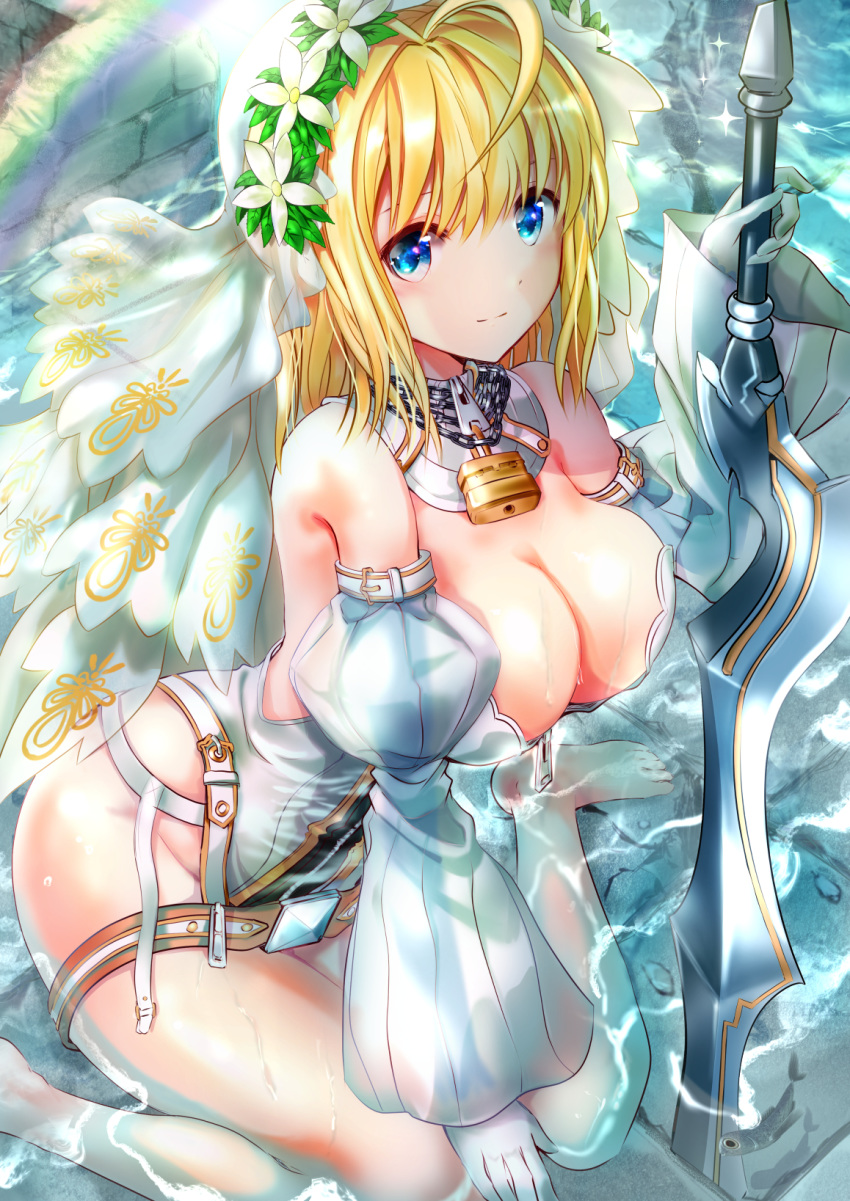 aestus_estus ahoge barefoot belt blonde_hair blue_eyes breasts bridal_veil center_opening cleavage commentary_request detached_sleeves fate/extra fate/extra_ccc fate/grand_order fate_(series) full-length_zipper gorget hair_intakes head_wreath highres large_breasts leotard lock long_sleeves looking_at_viewer loose_belt md5_mismatch medium_hair nero_claudius_(bride)_(fate) nero_claudius_(fate)_(all) ogata_tei padlock partially_submerged planted_sword planted_weapon puffy_long_sleeves puffy_sleeves showgirl_skirt smile solo strapless strapless_leotard sword veil weapon wet white_leotard white_sleeves zipper zipper_pull_tab
