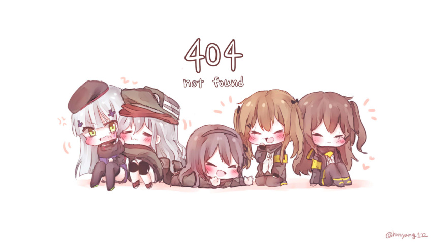 404_(girls_frontline) 5girls anger_vein armband bangs beret black_bow black_hair black_legwear blush boots bow brown_hair chibi closed_eyes commentary_request commission d-pad d-pad_hair_ornament g11_(girls_frontline) girls_frontline green_eyes grey_hair hair_bow hair_ornament hairband hairpin hat highres hk416_(girls_frontline) honyang http_status_code knee_brace knees_up korean_commentary leaning_on_person lying multiple_girls on_stomach open_mouth pantyhose scar scar_across_eye seiza sitting smile thighhighs twintails twitter_username two_side_up ump40_(girls_frontline) ump45_(girls_frontline) ump9_(girls_frontline) wavy_mouth white_background