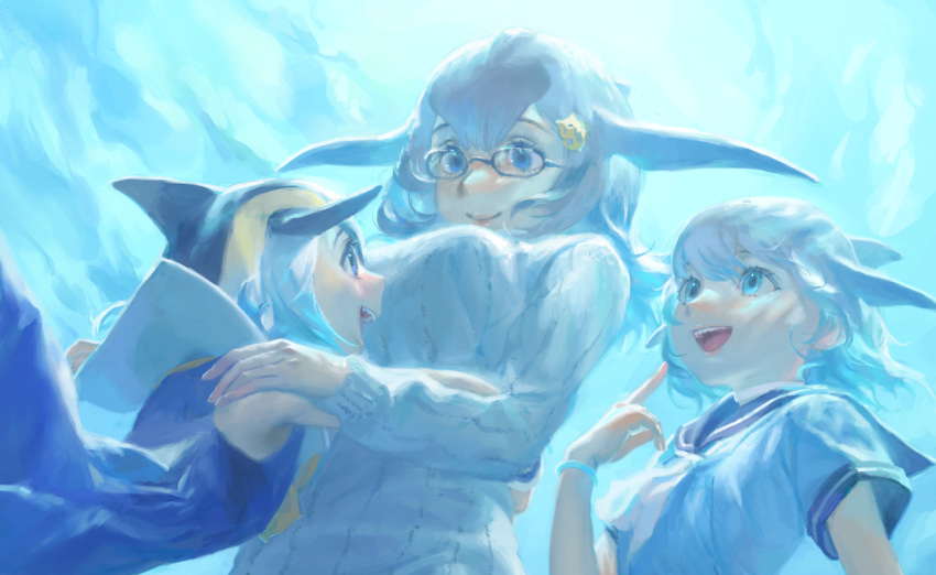 :d blue_eyes blue_sailor_collar blue_whale_(kemono_friends) commentary_request common_bottlenose_dolphin_(kemono_friends) common_dolphin_(kemono_friends) glasses grey_hair hair_ornament hairclip kemono_friends long_sleeves multiple_girls no_lineart open_mouth ribbed_sweater sailor_collar school_uniform serafuku smile sweater tunapon01 underwater white_sweater