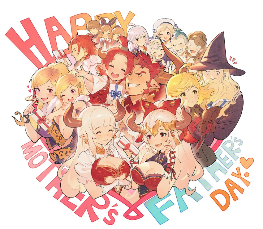 6+girls ;d ^_^ agielba ahoge aletheia_(granblue_fantasy) alicia_(granblue_fantasy) aliza_(granblue_fantasy) animal_print ardora beard blonde_hair blue_hair bow breasts camieux child clarisse_(granblue_fantasy) cleavage closed_eyes cow_horns cucouroux_(granblue_fantasy) draph facial_hair family father's_day father_and_daughter fur_trim gift granblue_fantasy hair_bow harold_(granblue_fantasy) hat heart highres horns hug jewelry leopard_print long_hair minaba_hideo mohawk mother's_day mother_and_daughter multiple_boys multiple_girls mustache nene_(granblue_fantasy) official_art one_eye_closed open_mouth percival_(granblue_fantasy) pointy_ears ponytail promethea_(granblue_fantasy) purple_eyes sailor_hat silva's_father silva's_mother silva_(granblue_fantasy) single_earring smile teena_(granblue_fantasy) underboob vest wizard wizard_hat yae_(granblue_fantasy)