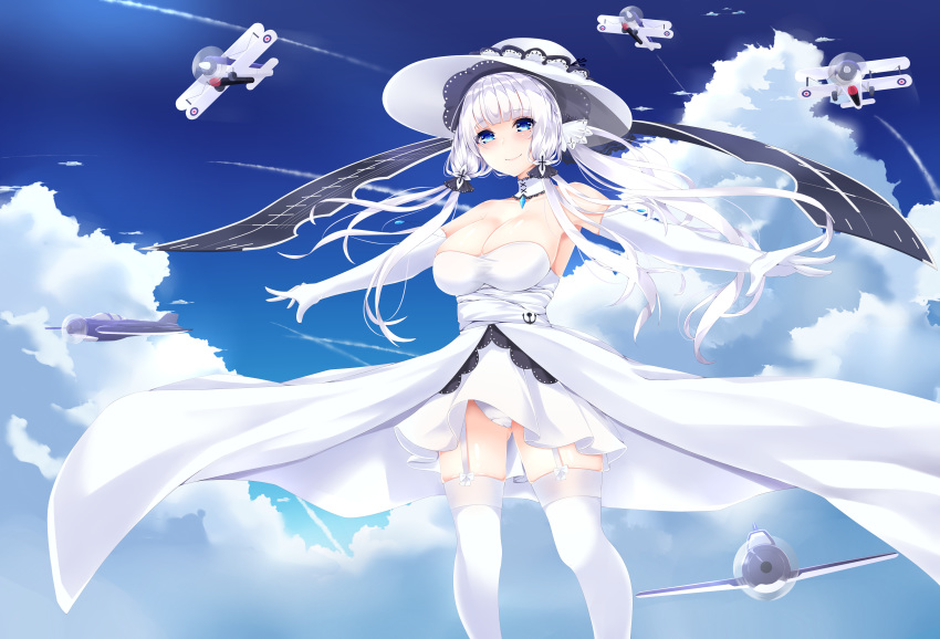 absurdres aircraft airplane ass_visible_through_thighs azur_lane bare_shoulders blue_eyes breasts cleavage closed_mouth commentary_request day dress elbow_gloves flight_deck garter_straps gloves hair_ribbon hat highres illustrious_(azur_lane) large_breasts long_hair outdoors ponytail ribbon sidelocks sky solo surota thighhighs tress_ribbon white_dress white_gloves white_hair white_hat