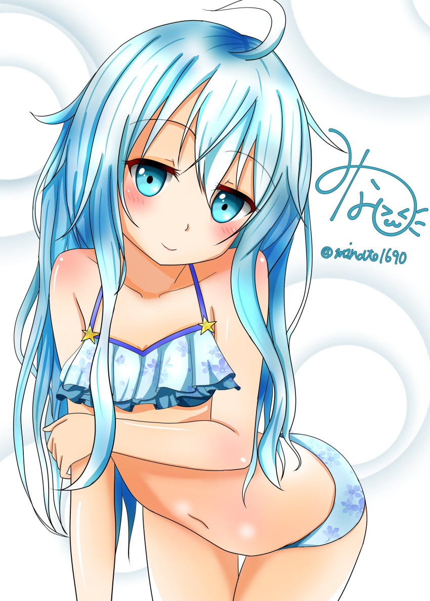 absurdres alternate_costume bent_over bikini blue_bikini blue_eyes frilled_bikini frills hibiki_(kantai_collection) highres kantai_collection lens_flare long_hair looking_at_viewer minato_1690 navel signature silver_hair smile solo swimsuit thigh_gap twitter_username white_background