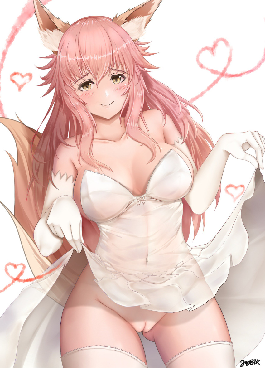 absurdres alternate_costume animal_ear_fluff animal_ears blush breasts brown_eyes cleavage commentary dress dress_lift elbow_gloves fang fate/extra fate/grand_order fate_(series) flashing fox_ears gloves hair_between_eyes heart highres jay87k lifted_by_self long_hair navel no_panties pink_hair pussy signature tail tamamo_(fate)_(all) tamamo_no_mae_(fate) thighhighs white_dress white_gloves white_legwear