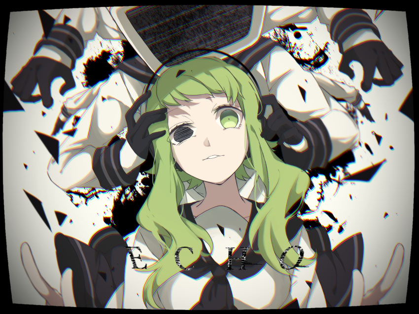 adjusting_headphones black_gloves blurry debris double_v echo_(vocaloid) eiku empty_eyes gloves green_eyes green_hair gumi half-closed_eye half_gloves hand_on_another's_head headphones heterochromia highres long_sleeves looking_at_viewer multiple_arms multiple_hands no_pupils object_head parted_lips sailor_collar school_uniform screen serafuku short_hair_with_long_locks sidelocks song_name static television uneven_eyes v vocaloid wavy_hair