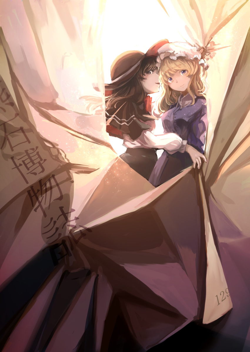 black_hat blonde_hair blouse brown_eyes brown_hair capelet commentary_request dress hat highres long_sleeves looking_at_viewer maribel_hearn medium_hair minus_(sr_mineka) mob_cap multiple_girls purple_dress purple_eyes touhou usami_renko white_blouse