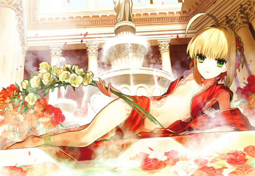 absurdres ahoge anklet architecture bangs barefoot blonde_hair braid center_opening closed_mouth column fate/extra fate_(series) flat_chest flower fountain full_body green_eyes hair_flower hair_ornament highres holding huge_filesize jewelry legs looking_at_viewer lying navel nero_claudius_(fate) nero_claudius_(fate)_(all) official_art on_side open_clothes petals pillar scan solo wada_aruko water