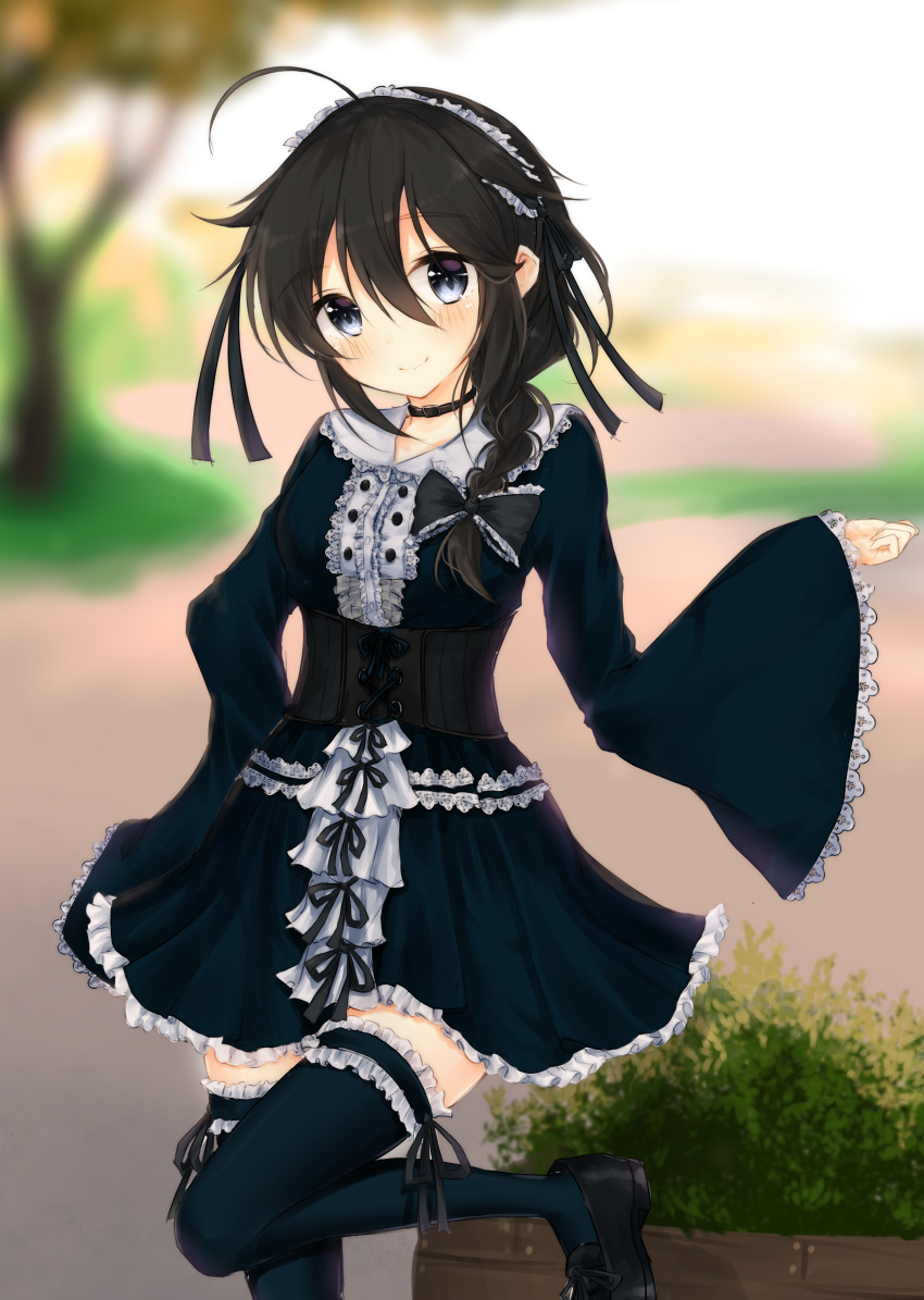 absurdres ahoge alternate_costume bangs black_dress black_eyes black_footwear black_hair black_legwear blurry blurry_background blush braid bush center_frills choker closed_mouth corset cowboy_shot day dress eyebrows_visible_through_hair frilled_dress frills garters gothic_lolita hair_between_eyes hair_over_shoulder head_tilt headdress highres kantai_collection leg_up loafers lolita_fashion looking_at_viewer outdoors revision shigure_(kantai_collection) shoes sidelocks single_braid smile solo standing standing_on_one_leg thighhighs thighs tree uzuki_tsukuyo wide_sleeves