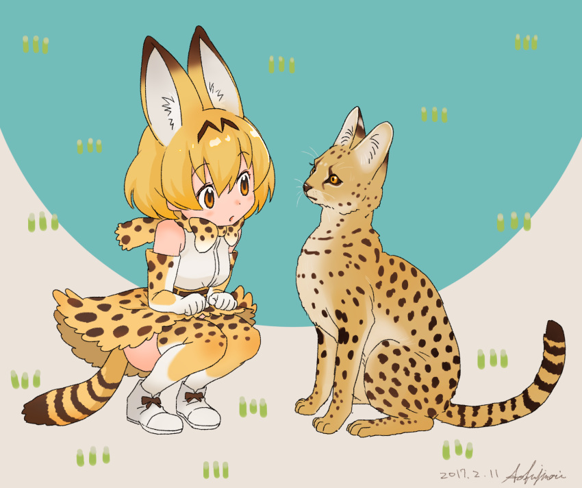 :o animal animal_ears animal_print ankle_boots artist_name bare_shoulders beige_background belt black_ribbon blue_background blush boots bow bowtie brown_belt clenched_hands dated dot_nose elbow_gloves eye_contact eyebrows_visible_through_hair eyelashes flat_color full_body gloves grass hands_on_own_thighs high-waist_skirt highres kemono_friends looking_at_another multicolored multicolored_background nose_blush open_mouth orange_eyes orange_hair pio_(doragonheart) print_bow print_gloves print_legwear print_neckwear print_skirt ribbon serval serval_(kemono_friends) serval_ears serval_print serval_tail shirt shoe_ribbon short_hair signature sitting skirt sleeveless sleeveless_shirt squatting striped_tail tail tareme thighhighs two-tone_background whiskers white_footwear white_shirt zettai_ryouiki