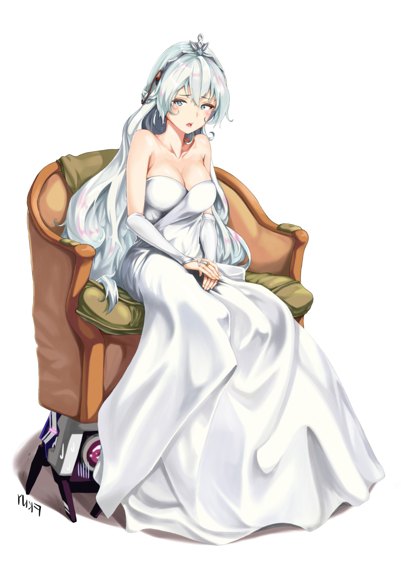 absurdres alternate_breast_size alternate_costume bangs bare_shoulders blue_eyes blush braid breasts bridal_gauntlets chair cleavage collarbone commentary dinergate_(girls_frontline) dress english_commentary eyebrows_visible_through_hair fkny french_braid frown full_body girls_frontline gloves hair_between_eyes highres intravenous_drip large_breasts long_dress long_hair looking_at_viewer older open_mouth ribeyrolles_1918_(girls_frontline) sidelocks signature silver_hair silver_trim simple_background sitting solo sweatdrop tiara very_long_hair wavy_hair wedding_dress white_background white_dress white_gloves