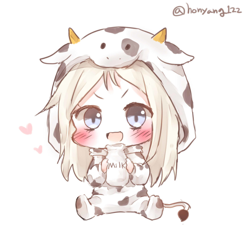 :d animal_costume animal_ears bad_id bad_pixiv_id blue_eyes blush bottle chibi commission cow_costume cow_ears cow_girl cow_hood cow_horns cow_tail fake_animal_ears full_body girls_frontline grey_hair highres holding holding_bottle honyang hood hood_up horns long_hair looking_at_viewer milk_bottle mp5_(girls_frontline) open_mouth platinum_blonde_hair simple_background sitting smile solo tail twitter_username v-shaped_eyebrows white_background