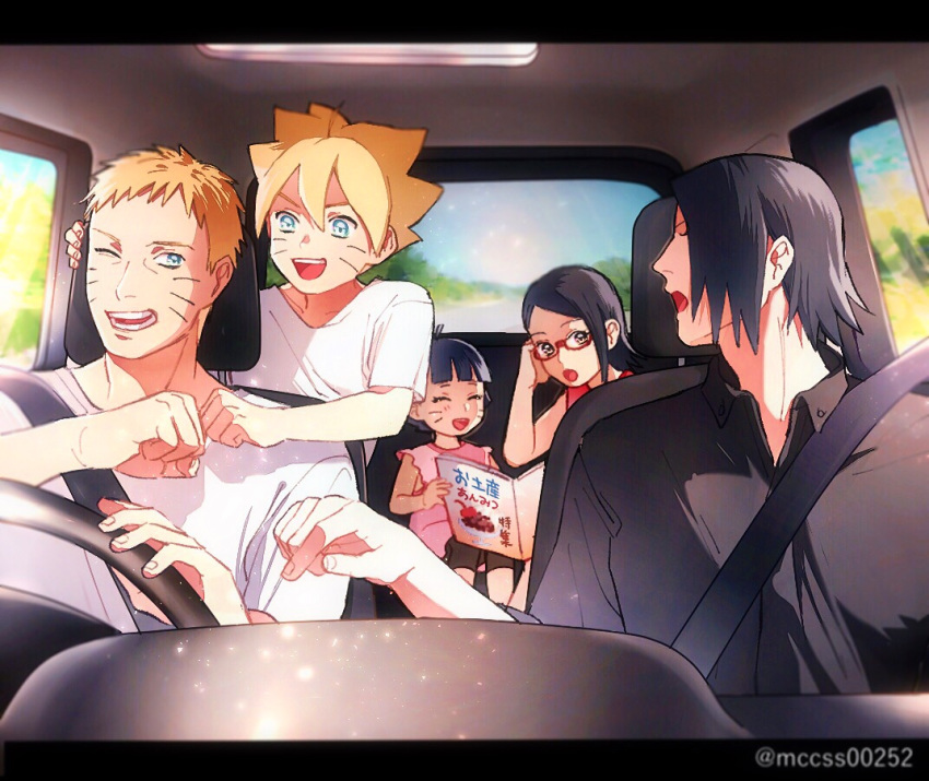 3boys black_hair blonde_hair blue_eyes boruto:_naruto_next_generations car car_interior closed_eyes contemporary driving family father_and_daughter glasses ground_vehicle motor_vehicle multiple_boys multiple_girls naruto naruto_(series) nonko_(mccss00252) one_eye_closed red-framed_eyewear short_hair twitter_username uchiha_sarada uchiha_sasuke uzumaki_boruto uzumaki_himawari uzumaki_naruto whisker_markings