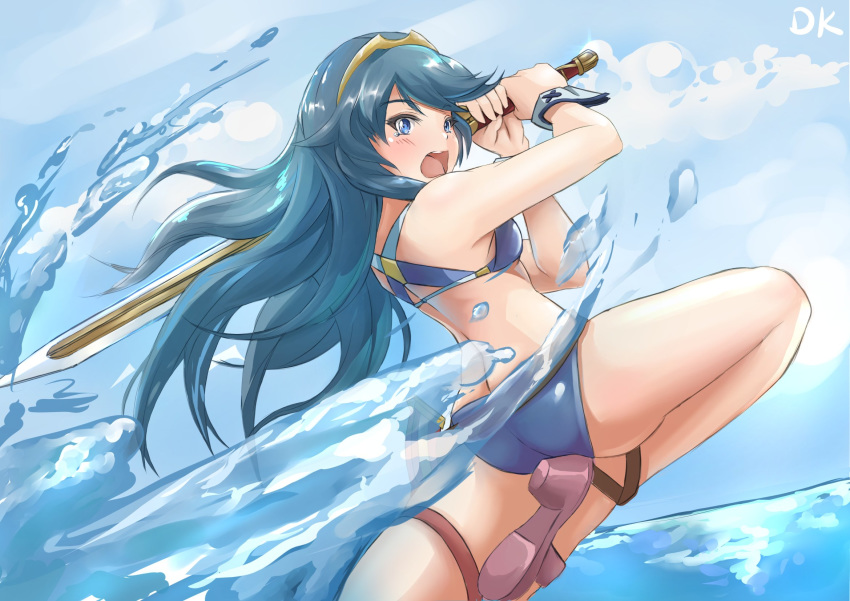 alternate_costume ass bare_arms bare_legs bare_shoulders bikini blue_bikini blue_eyes blue_hair blue_sky blush bracelet brown_footwear cloud cloudy_sky commentary day deekei dutch_angle english_commentary falchion_(fire_emblem) fire_emblem fire_emblem:_kakusei fire_emblem_heroes gold_trim heel_raised high_heels highres holding holding_sword holding_weapon horizon jewelry leg_up long_hair looking_at_viewer lucina ocean open_mouth outdoors over_shoulder sheath sky solo splashing swimsuit sword sword_over_shoulder thigh_strap tiara twisted_torso water weapon weapon_over_shoulder wrist_cuffs