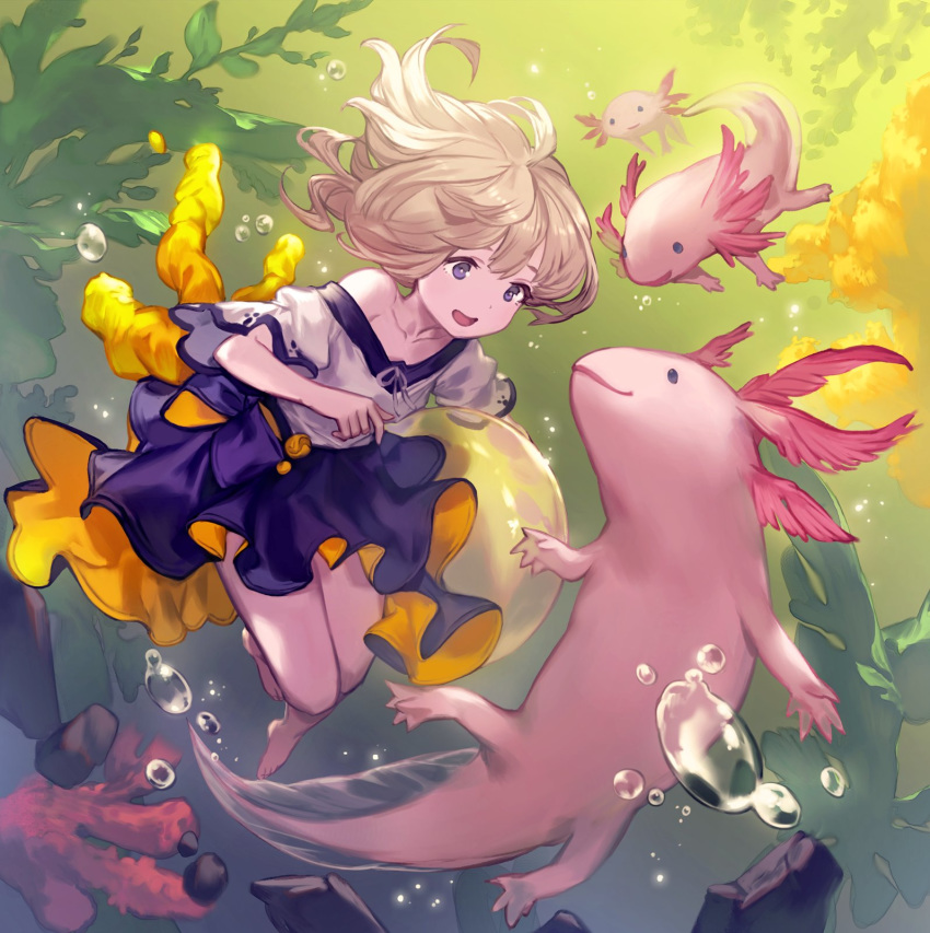 :d air_bubble animal axolotl bare_legs barefoot blonde_hair bubble commentary_request coral floating_hair highres lee_hyeseung open_mouth original oversized_animal purple_eyes purple_skirt seaweed shirt short_sleeves skirt smile solo swimming underwater white_shirt