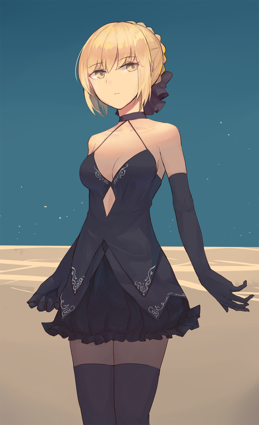 artoria_pendragon_(all) bangs black_bow black_gloves black_legwear black_skirt blonde_hair blunt_bangs bow breasts choker cleavage cowboy_shot elbow_gloves eyebrows_visible_through_hair fate/stay_night fate_(series) frilled_skirt frills gloves hair_bow highres looking_to_the_side medium_breasts miniskirt mongarit pleated_skirt saber_alter short_hair sidelocks skirt solo standing thighhighs yellow_eyes zettai_ryouiki