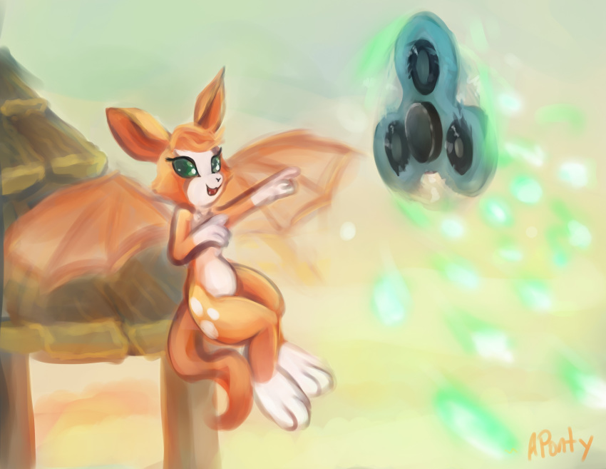 anthro aponty dust:_an_elysian_tail female fidget fidget_spinner fur green_eyes hair mammal membranous_wings nimbat nude open_mouth orange_fur orange_hair orange_wings solo video_games wings