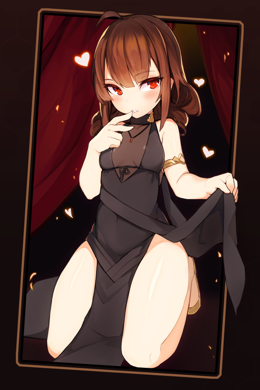 ahoge armlet breasts brown_hair commentary_request covered_navel curtains dress dress_lift dsr-50_(girls_frontline) finger_to_mouth girls_frontline heart highres jewelry mou_tama_maru navel necklace red_eyes small_breasts thighs younger