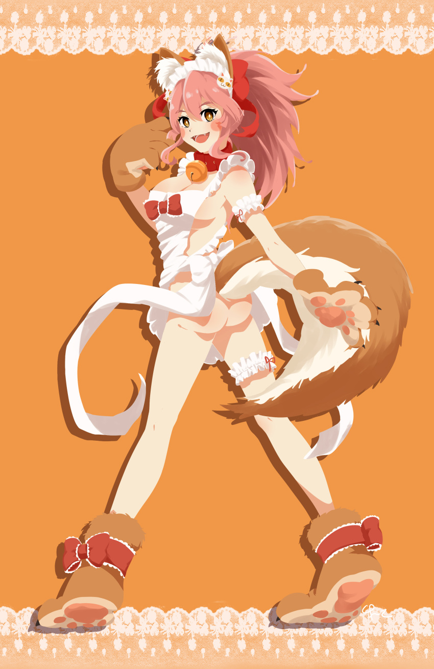 absurdres animal_ears apron ass bell bell_collar blush blush_stickers breasts cat_hair_ornament cat_paws cleavage collar fangs fate/grand_order fate_(series) fox_ears fox_tail gloves hair_ornament hair_ribbon highres jingle_bell large_breasts long_hair looking_at_viewer looking_back maid_headdress naked_apron no_panties open_mouth paw_gloves paw_shoes paws pink_hair ponytail rantyouka red_ribbon ribbon shoes sideboob solo tail tamamo_(fate)_(all) tamamo_cat_(fate)
