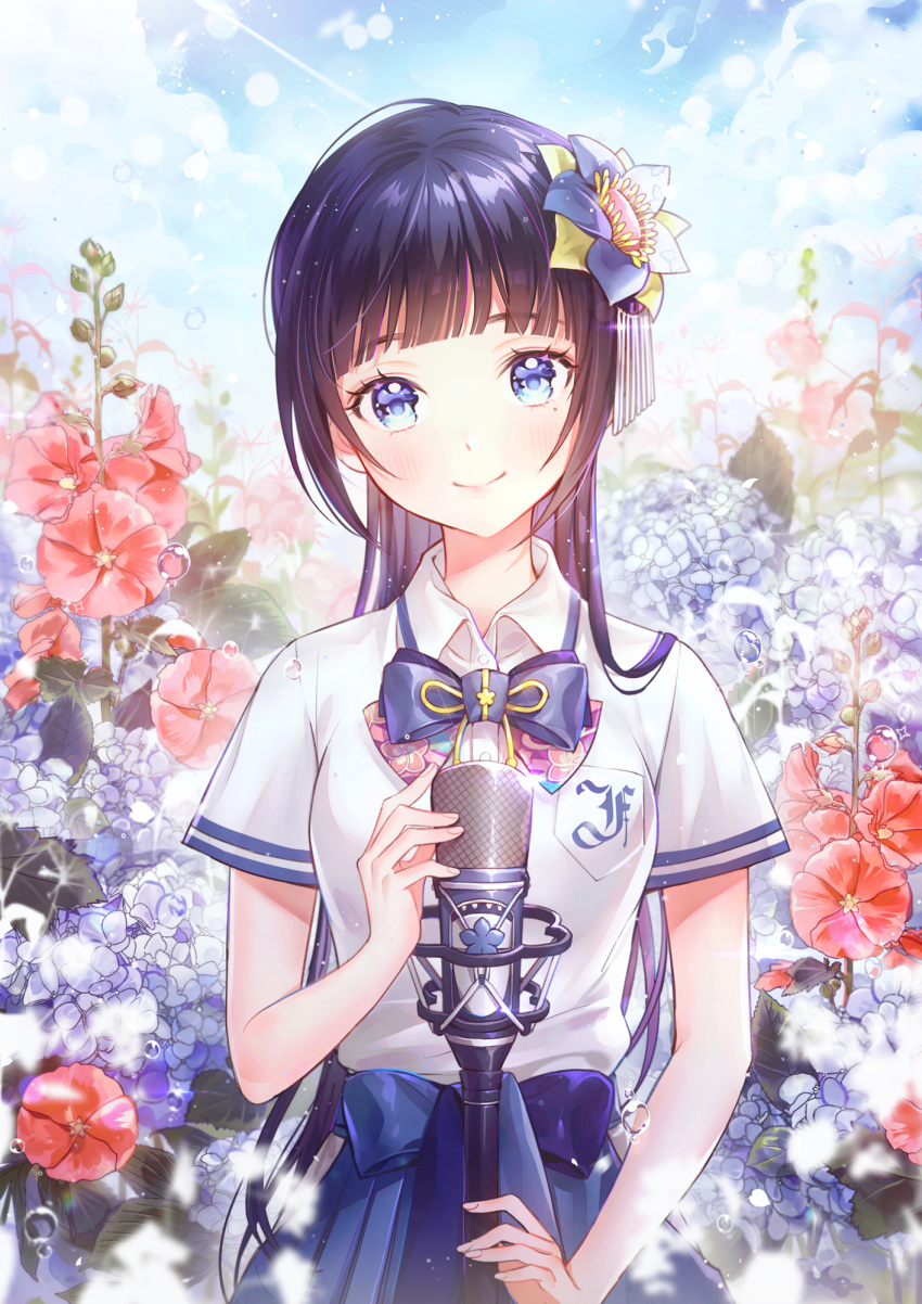 aoi_ch. bangs black_hair blue blue_eyes blue_flower blue_neckwear blue_skirt blunt_bangs bow bowtie breast_pocket cloud collared_shirt commentary_request day fingernails flower fuji_aoi gomzi hair_flower hair_ornament highres hollyhock hydrangea long_hair looking_at_viewer microphone microphone_stand mole mole_under_eye outdoors pocket red_flower shirt short_sleeves skirt sky smile solo virtual_youtuber water_drop white_shirt