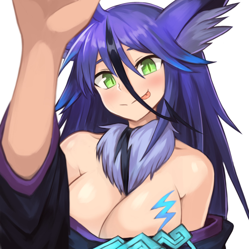 :p animal_ears bare_shoulders blue_hair blush breasts cleavage fur_collar green_eyes hair_between_eyes highres incoming_headpat japanese_clothes kimono large_breasts long_hair monster_girl_encyclopedia multicolored_hair off_shoulder raijuu_(monster_girl_encyclopedia) simple_background slit_pupils solo sookmo streaked_hair tongue tongue_out upper_body white_background