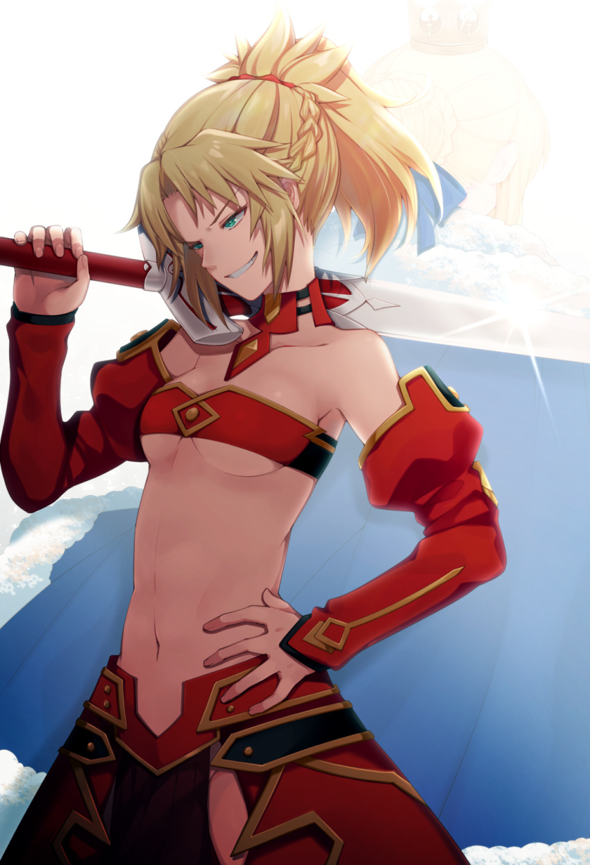 aqua_eyes blonde_hair bra breasts choker detached_sleeves fate/apocrypha fate_(series) grin groin hair_ornament hair_scrunchie hand_on_hip highres holding holding_sword holding_weapon long_hair medium_breasts midriff mordred_(fate) mordred_(fate)_(all) navel ponita red_bra red_scrunchie red_skirt scrunchie skirt smile solo sparkle standing striped striped_bra sword underboob underwear weapon