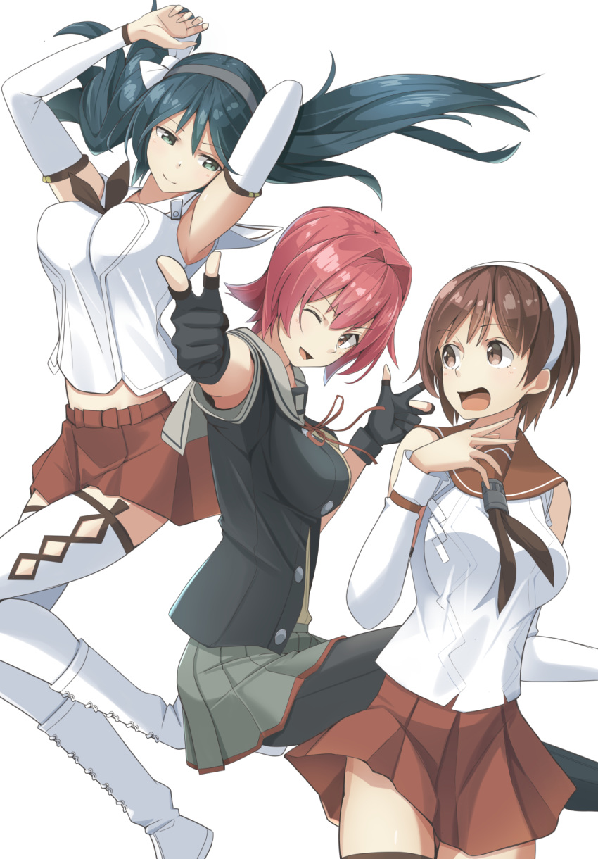 armpits arms_up bangs black_hair blue_eyes blue_hair blush boots breasts brown_eyes brown_hair brown_skirt commentary_request detached_sleeves eyebrows_visible_through_hair floating_hair gloves green_skirt hair_between_eyes hair_intakes hair_ribbon hairband half-closed_eyes highres isuzu_(kantai_collection) jacket kantai_collection kinu_(kantai_collection) knee_boots large_breasts long_hair looking_at_another looking_at_viewer multiple_girls natori_(kantai_collection) negahami one_eye_closed open_mouth partly_fingerless_gloves pink_hair pleated_skirt pointing pointing_at_viewer red_hair remodel_(kantai_collection) ribbon school_uniform serafuku short_hair sidelocks skirt smile thighhighs thighs twintails white_background white_footwear white_hairband white_legwear