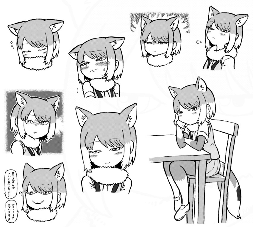 ? blush chair closed_eyes closed_mouth commentary_request fur_collar greyscale kemono_friends kotobuki_(tiny_life) looking_at_viewer monochrome multiple_views necktie pantyhose short_hair sitting smile table tibetan_sand_fox_(kemono_friends) translated vest wide-eyed