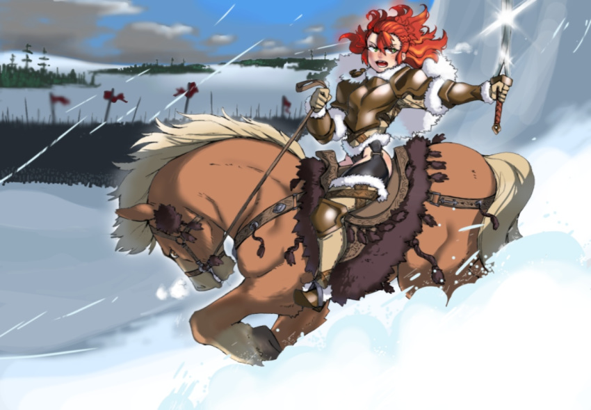 armor army battle black_legwear blue_sky blush braid breastplate brown_armor capelet cliff cloud cloudy_sky cold commentary_request curly_hair day equestrian forehead forest freckles french_braid fur_capelet fur_trim garter_straps glint green_eyes historical holding holding_sword holding_weapon horizon horse horseback_riding landscape leotard long_hair looking_afar mane motion_blur muscle muscular_female nature open_mouth orange_hair original outdoors reins riding saddle serious shoulder_armor silver_trim sky snow snowing spaulders standard_bearer stirrups stitches sword tassel thighhighs v-shaped_eyebrows vambraces war warrior weapon white_capelet white_fur widow's_peak winter winter_uniform ziromaru