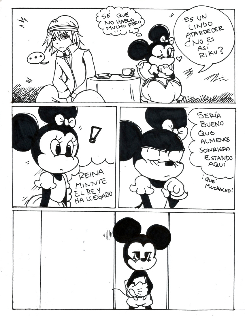 black_and_white bow comic comic_page cup dialogue disney doujinshi female human kingdom_hearts loretoons male mammal manga mickey_mouse minnie_mouse monochrome mouse riku_(kingdom_hearts) rodent round_ears spanish_text square_enix text tired translated video_games