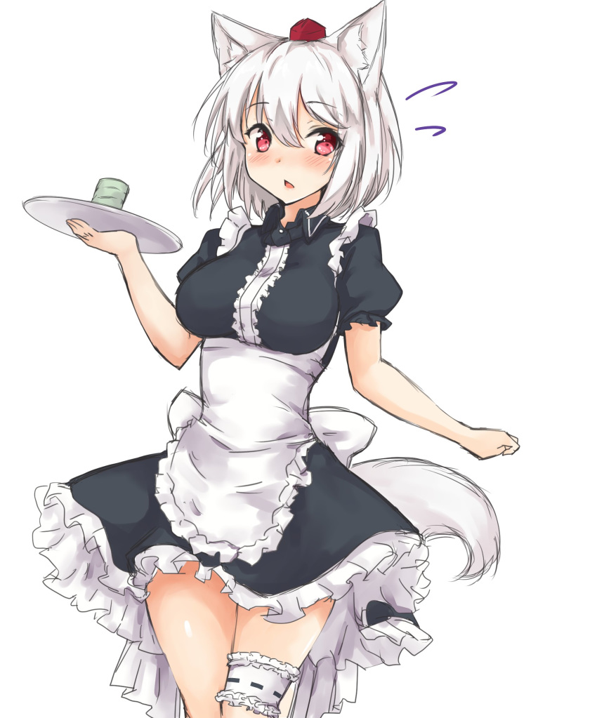 alternate_costume amagi_(amagi626) animal_ears apron black_dress blush breasts clenched_hand commentary_request cup dress enmaided eyebrows_visible_through_hair feet_out_of_frame flying_sweatdrops frilled_apron frills hair_between_eyes hand_up hat highres holding holding_tray inubashiri_momiji large_breasts leg_garter looking_at_viewer maid maid_apron open_mouth petticoat red_eyes ribbon_trim short_hair silver_hair simple_background solo standing tail thighs tokin_hat touhou tray waist_apron white_apron white_background wing_collar wolf_ears wolf_tail