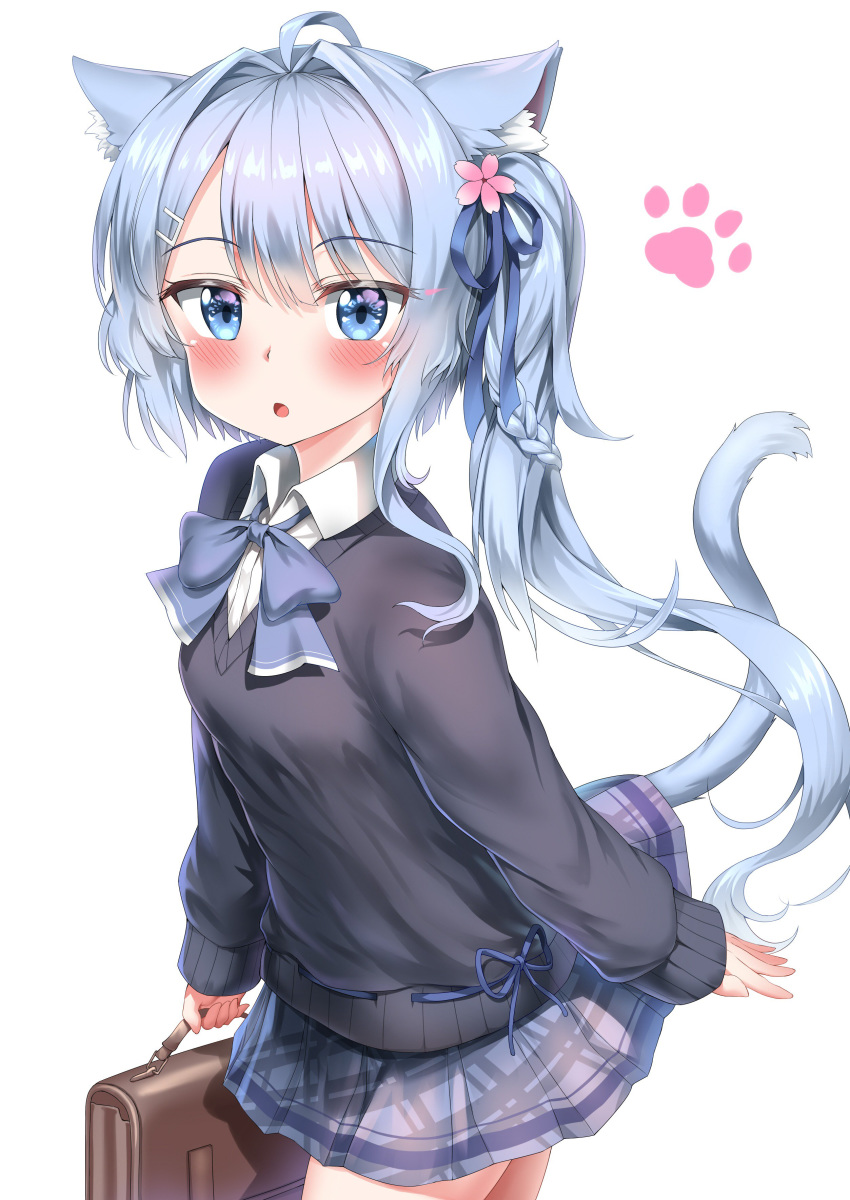 :o absurdres animal_ears asashio_(azur_lane) azur_lane bag bangs black_shirt blue_eyes blue_neckwear blue_ribbon blush bow bowtie braid breasts cat_ears cat_girl cat_tail collared_shirt cowboy_shot eyebrows_visible_through_hair flower hair_between_eyes hair_flower hair_ornament hair_ribbon hairclip highres holding holding_bag light_blue_hair long_hair long_sleeves looking_at_viewer nedia_(nedia_region) parted_lips paw_print pink_flower plaid plaid_skirt pleated_skirt purple_skirt ribbon school_bag school_uniform shirt side_ponytail simple_background skirt sleeves_past_wrists small_breasts solo sweater tail white_background white_shirt