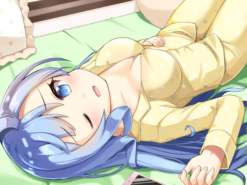 ;d blue_eyes blue_hair breasts cellphone commentary_request eyebrows_visible_through_hair frilled_pillow frills long_hair looking_at_viewer lying medium_breasts ominaeshi_(takenoko) on_back one_eye_closed open_mouth original pajamas phone pillow polka_dot_pajamas smartphone smile solo yellow_pajamas