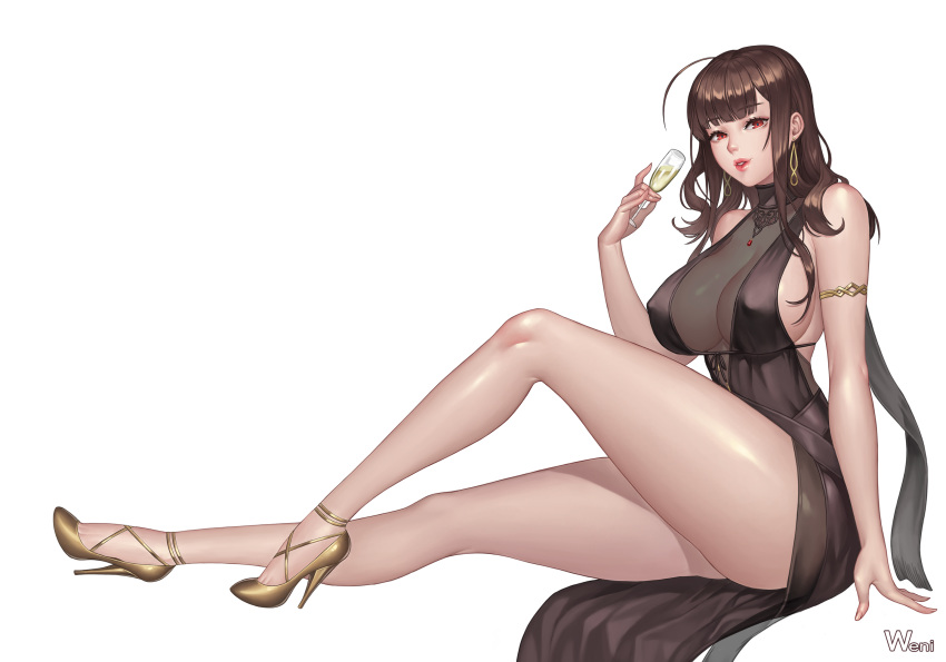 armlet bare_legs bare_shoulders black_dress breasts brown_hair champagne_flute covered_nipples cup dress drinking_glass dsr-50_(girls_frontline) earrings fingernails from_side girls_frontline high_heels highres holding jewelry karmiel knee_up large_breasts legs lipstick long_hair long_legs looking_at_viewer makeup necklace parted_lips red_eyes red_lipstick see-through signature simple_background sitting solo white_background yellow_footwear