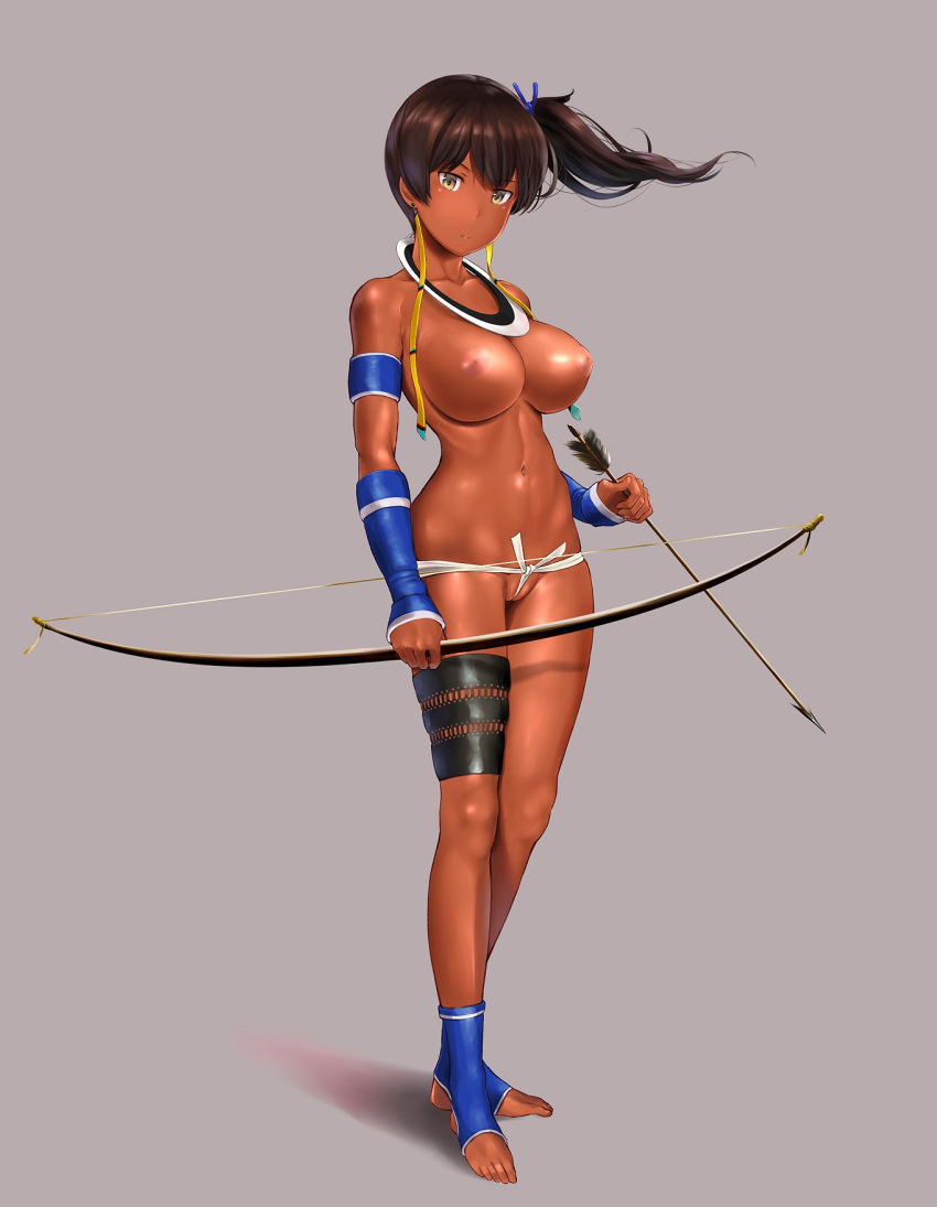 alternate_skin_color areolae armband arrow barefoot blue_ribbon blue_wristband bow_(weapon) breasts brown_eyes brown_hair closed_mouth collar collarbone commentary_request dark_skin ear_piercing full_body grey_background hair_ribbon highres holding holding_arrow holding_bow_(weapon) holding_weapon inverted_nipples kaga_(kantai_collection) kantai_collection large_areolae large_breasts left-handed navel nipples piercing ribbon shiny shiny_skin side_ponytail solo standing stirrup_legwear string_panties thigh_strap toeless_legwear topless tribal wa_(genryusui) weapon wristband yellow_ribbon