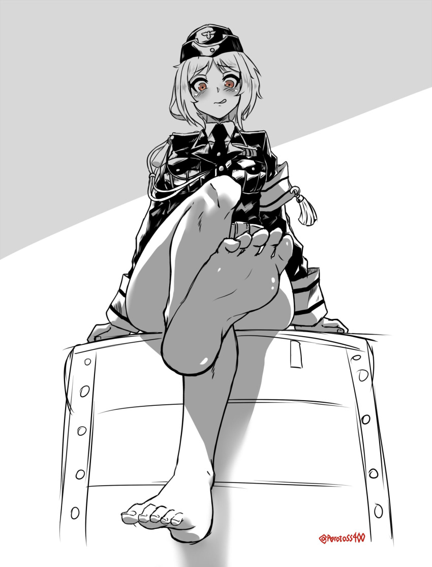 1girl barefoot blush brown_eyes feet girls_frontline licking_lips looking_at_viewer military_uniform monochrome mp40_(girls_frontline) pov pov_feet sitting soles toes