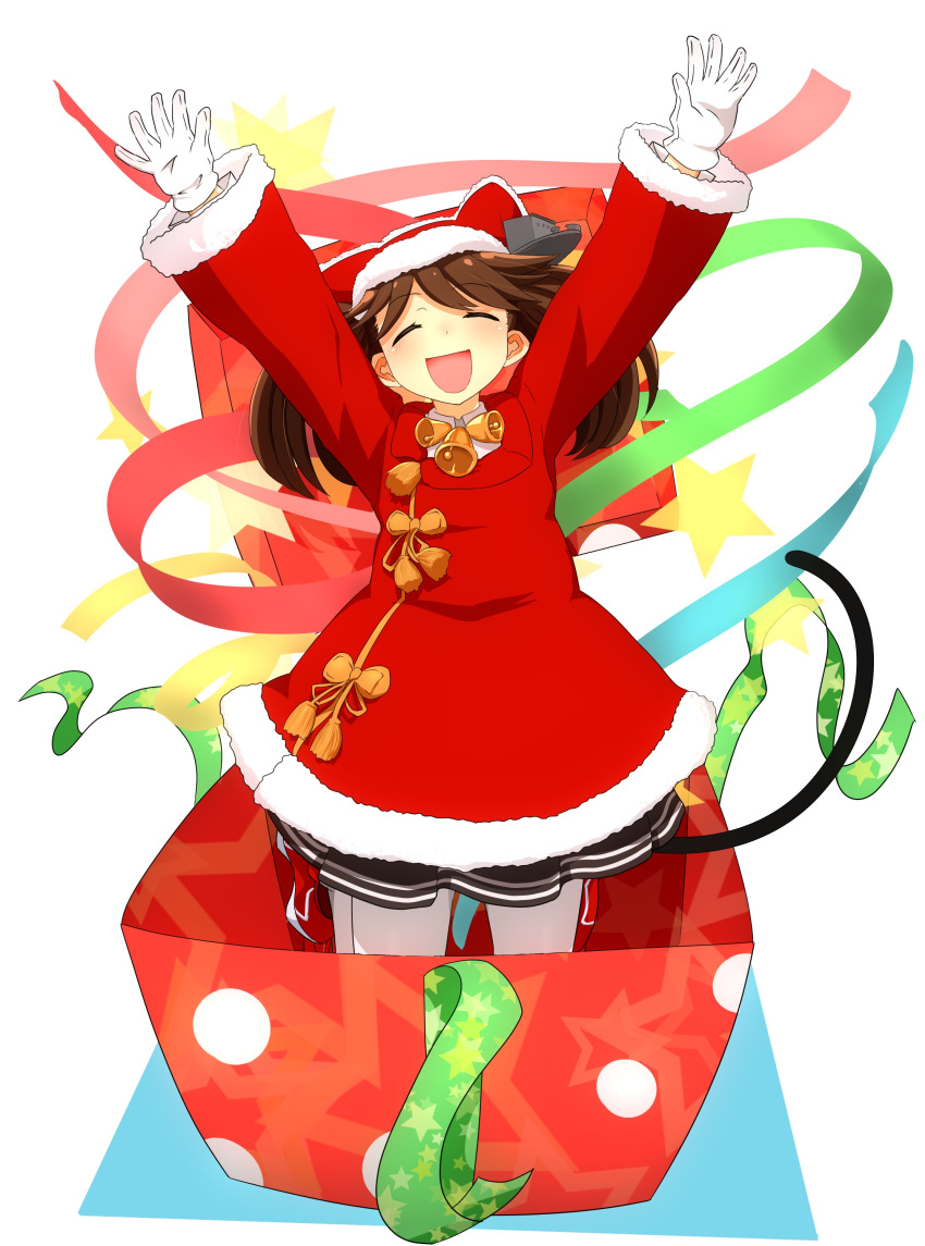 :d absurdres arms_up bell box brown_hair cat_tail closed_eyes commentary_request gloves hat highres in_box in_container kantai_collection long_hair long_sleeves namakura_neo open_mouth ribbon ryuujou_(kantai_collection) santa_costume santa_hat simple_background smile solo star star_print tail white_background white_gloves white_legwear