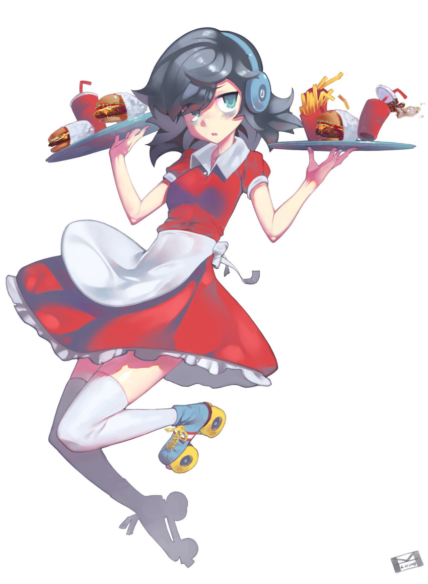 1girl apron bags_under_eyes black_hair earphones food hamburger highres kuroki_tomoko leaf717222 roller_skates skates thighhighs tray waitress watashi_ga_motenai_no_wa_dou_kangaetemo_omaera_ga_warui!