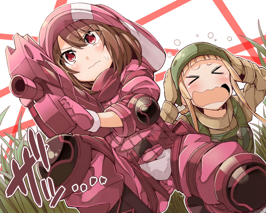 bibi blonde_hair blush brown_hair fukaziroh_(sao) gloves gun gun_gale_online hat kohiruimaki_karen llenn_(sao) long_hair red_eyes shinohara_miyu short_hair sword_art_online sword_art_online_alternative:_gun_gale_online weapon